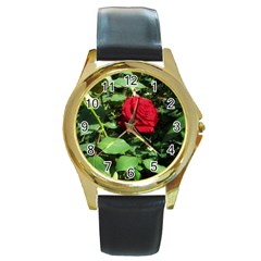 Deep Red Rose Round Gold Metal Watch by okhismakingart