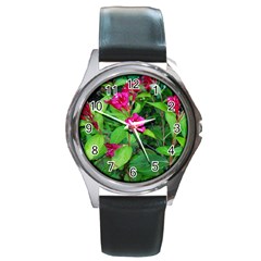 Purple Park Flowers Round Metal Watch by okhismakingart