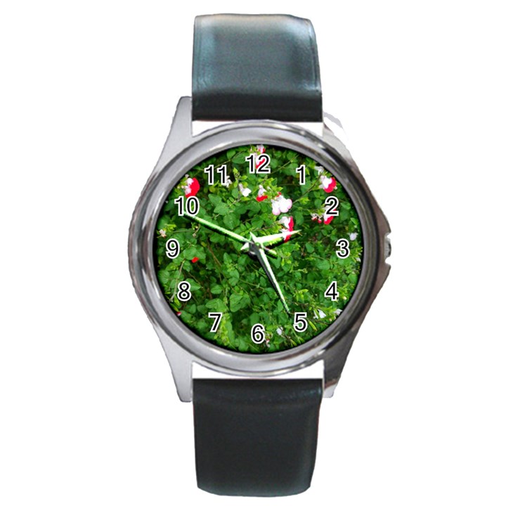 Red and White Park Flowers Round Metal Watch