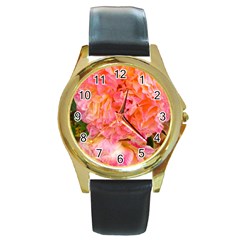 Folded Pink And Orange Rose Round Gold Metal Watch by okhismakingart