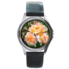 Bunch Of Orange And Pink Roses Round Metal Watch by okhismakingart