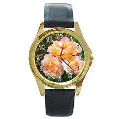 Bunch Of Orange And Pink Roses Round Gold Metal Watch by okhismakingart