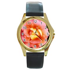 Light Orange And Pink Rose Round Gold Metal Watch by okhismakingart