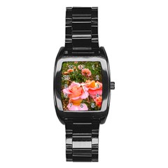 Pink Rose Field Stainless Steel Barrel Watch by okhismakingart