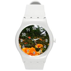 Orange Rose Field Round Plastic Sport Watch (m) by okhismakingart