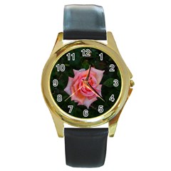 Pink Angular Rose Round Gold Metal Watch by okhismakingart