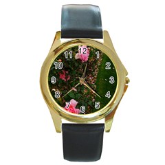 Pink Rose Field (sideways) Round Gold Metal Watch by okhismakingart