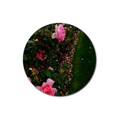 Pink Rose Field (sideways) Rubber Coaster (round)  by okhismakingart