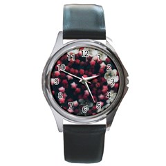 Floral Stars -dark Red Round Metal Watch by okhismakingart