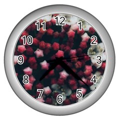 Floral Stars -Dark Red Wall Clock (Silver)