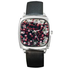 Floral Stars -dark Red Square Metal Watch by okhismakingart