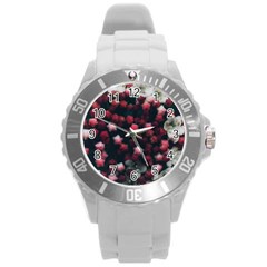 Floral Stars -dark Red Round Plastic Sport Watch (l) by okhismakingart