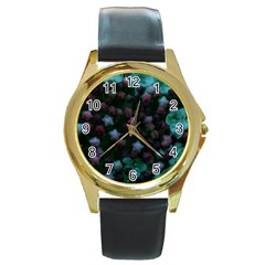 Floral Stars -blue Round Gold Metal Watch by okhismakingart