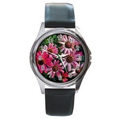 Pink Asters Round Metal Watch by okhismakingart