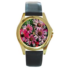 Pink Asters Round Gold Metal Watch by okhismakingart