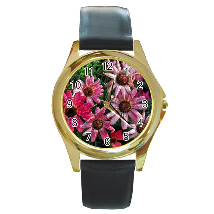 Pink Asters Round Gold Metal Watch