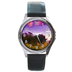 Purple Afternoon Round Metal Watch by okhismakingart