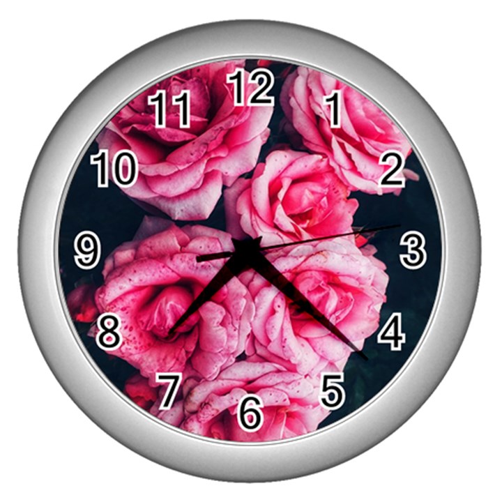 Pink Roses II Wall Clock (Silver)