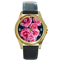 Pink Roses Ii Round Gold Metal Watch by okhismakingart