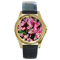 Pink Flower Bushes Round Gold Metal Watch by okhismakingart