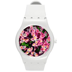 Pink Flower Bushes Round Plastic Sport Watch (m) by okhismakingart