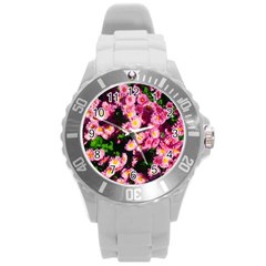 Pink Flower Bushes Round Plastic Sport Watch (l)