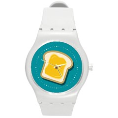 Toast With Cheese Pattern Turquoise Green Background Retro Funny Food Round Plastic Sport Watch (m) by genx