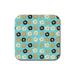 Donuts Pattern With Bites bright pastel blue and brown Rubber Coaster (Square) 