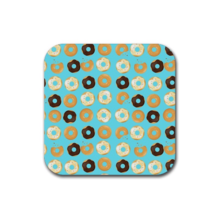 Donuts Pattern With Bites bright pastel blue and brown Rubber Coaster (Square) 