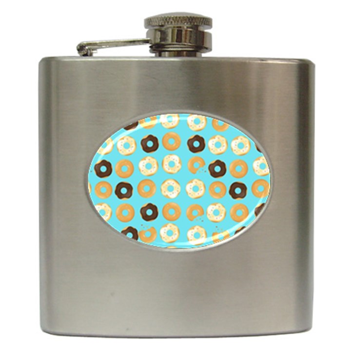 Donuts Pattern With Bites bright pastel blue and brown Hip Flask (6 oz)