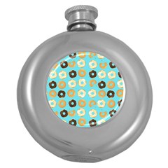 Donuts Pattern With Bites Bright Pastel Blue And Brown Round Hip Flask (5 Oz) by genx