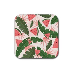 Tropical Watermelon Leaves Pink And Green Jungle Leaves Retro Hawaiian Style Rubber Coaster (square)  by genx