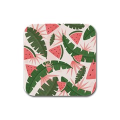 Tropical Watermelon Leaves Pink And Green Jungle Leaves Retro Hawaiian Style Rubber Square Coaster (4 Pack)  by genx