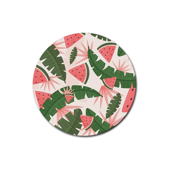 Tropical Watermelon Leaves Pink and green jungle leaves retro Hawaiian style Rubber Round Coaster (4 pack) 