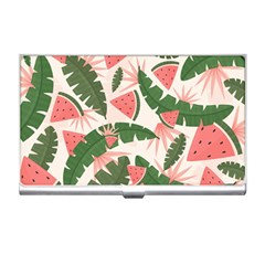 Tropical Watermelon Leaves Pink And Green Jungle Leaves Retro Hawaiian Style Business Card Holder by genx