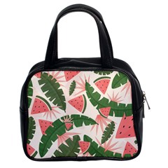 Tropical Watermelon Leaves Pink And Green Jungle Leaves Retro Hawaiian Style Classic Handbag (two Sides) by genx