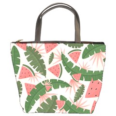 Tropical Watermelon Leaves Pink And Green Jungle Leaves Retro Hawaiian Style Bucket Bag by genx