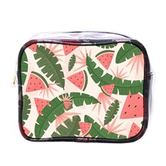 Tropical Watermelon Leaves Pink And Green Jungle Leaves Retro Hawaiian Style Mini Toiletries Bag (one Side)