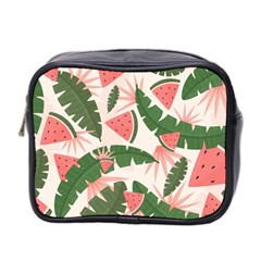 Tropical Watermelon Leaves Pink And Green Jungle Leaves Retro Hawaiian Style Mini Toiletries Bag (two Sides) by genx