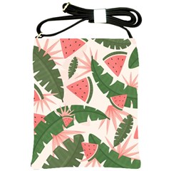 Tropical Watermelon Leaves Pink And Green Jungle Leaves Retro Hawaiian Style Shoulder Sling Bag by genx