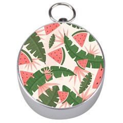 Tropical Watermelon Leaves Pink And Green Jungle Leaves Retro Hawaiian Style Silver Compasses by genx