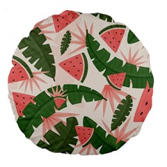 Tropical Watermelon Leaves Pink And Green Jungle Leaves Retro Hawaiian Style Large 18  Premium Flano Round Cushions by genx