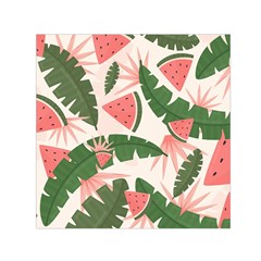 Tropical Watermelon Leaves Pink And Green Jungle Leaves Retro Hawaiian Style Small Satin Scarf (square) by genx