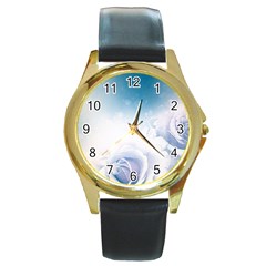 Beautiful Floral Design In Soft Blue Colors Round Gold Metal Watch by FantasyWorld7