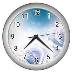 Beautiful Floral Design In Soft Blue Colors Wall Clock (silver) by FantasyWorld7