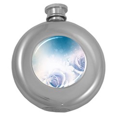 Beautiful Floral Design In Soft Blue Colors Round Hip Flask (5 Oz) by FantasyWorld7