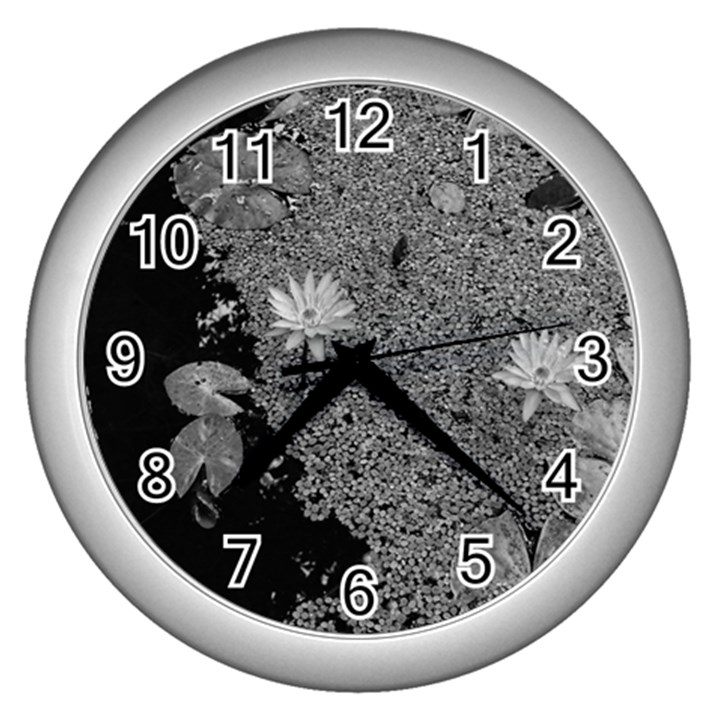 Black and White Lily Pond Wall Clock (Silver)