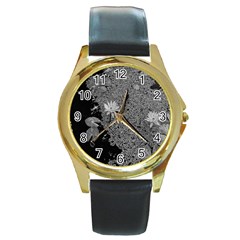 Black And White Lily Pond Round Gold Metal Watch by okhismakingart