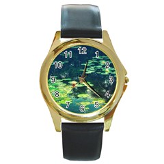 Lily Pond Ii Round Gold Metal Watch by okhismakingart