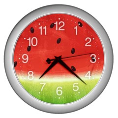 Juicy Paint Texture Watermelon Red And Green Watercolor Wall Clock (silver) by genx